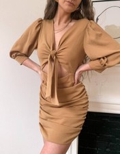 ASOS Design Tie Front Ruched Skirt Mini Dress In Camel Women’s US 6