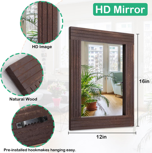 Mirrors for Wall Rustic Wooden Frame Rectangle Mirror Vintage Hanging Mirror for - Picture 7 of 7