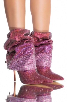 AZALEA WANG Wishful Crystal Embellished Pointed Toe Boot in Pink