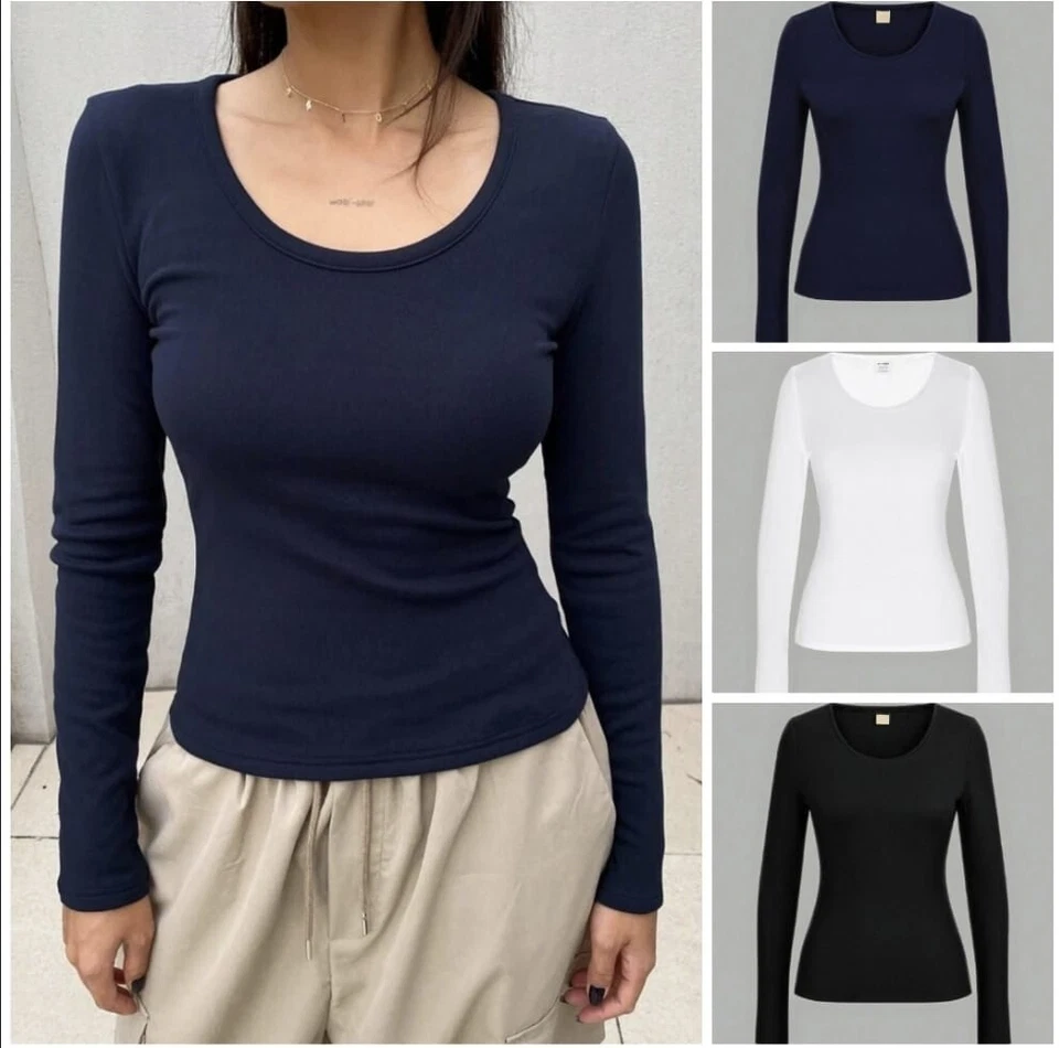 WOMENS LADIES LONG SLEEVE STRETCH PLAIN SCOOP NECK T SHIRT TOP ASSORTED 8-26 - Image 2 of 2