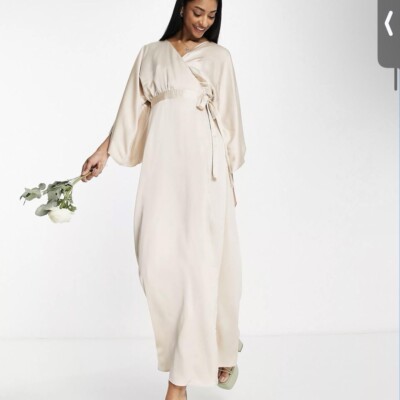 TFNC Bridesmaid kimono sleeve satin wrap maxi dress in mink