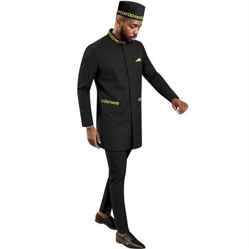 Men African Suits Dashiki Embroidery Jacket and Pants Hat 3 Piece Set Outfits - Picture 5 of 17