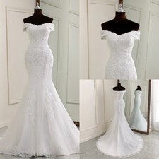 White Mermaid Wedding Dresses Off Shoulder Sleeveless Lace Applique Bridal Gowns