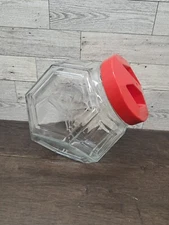 VTG Old Candy Store  Hexagonal Glass Cookie Biscuit Jar Red Lid MADE IN ITALY