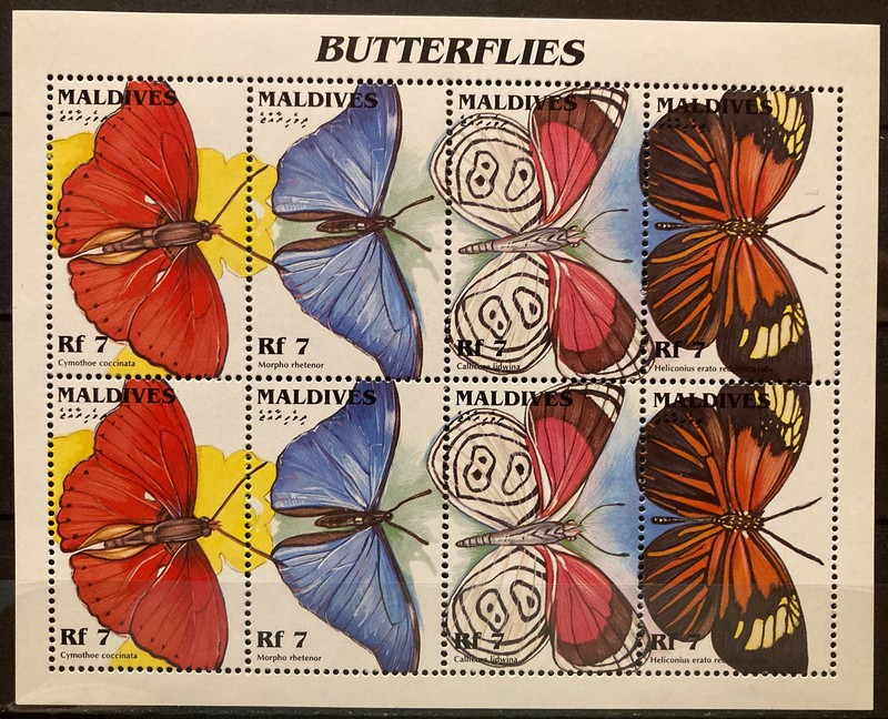 Maldives,butterflies S.C.#2170 S.C.V.$10.5  MNH S/S of 8 issued in 1996*
