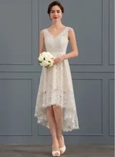 JJ's House 127282 A-Line V-Neck Asymmetrical Ivory Lace Wedding Dress Size 10 