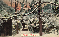 ANTIQUE BEST WISHES GREETING POSTCARD MAN & WINTER SNOW SCENE 1910