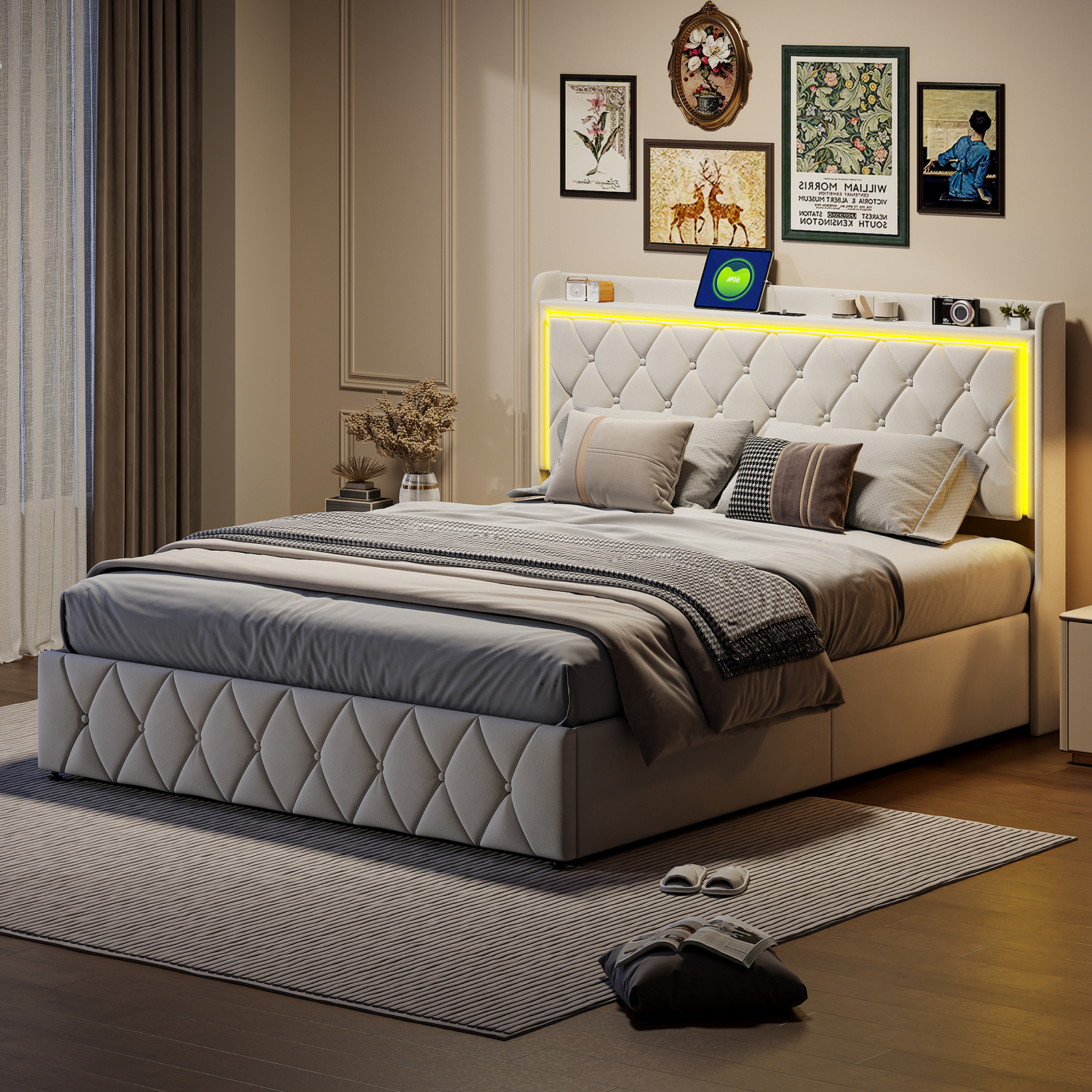 Boxspringbett 160x200 cm mit LED und USB,Polsterbett mit Stauraum und Lattenrost