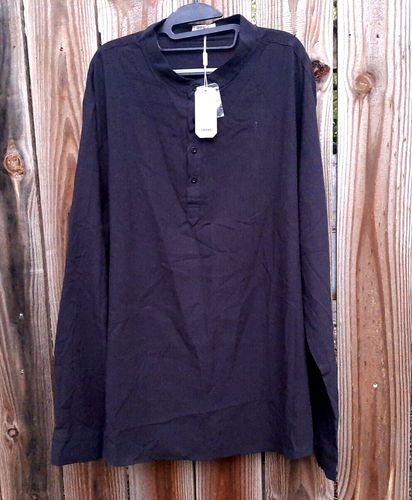 2XL COOFANDY Men's Cotton Hemp Henley Shirt Long Roll Sleeve Hippie Casual Black