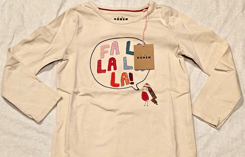 Mini Boden Festive Fa La La Shirt Robin Cream NWT New 5-6 - Picture 4 of 6