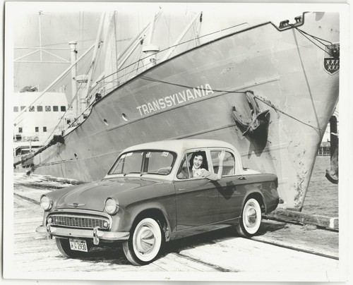 German Cargo Ship TRANSSYLVANIA with ~ 1959 LHD Hillman Minx 8x10 original photo