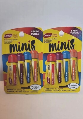 2 Pk CARMEX~4 Asst. Mini Tubes Daily Care Moisturizing SPF 15 Lip Balm 8 Total