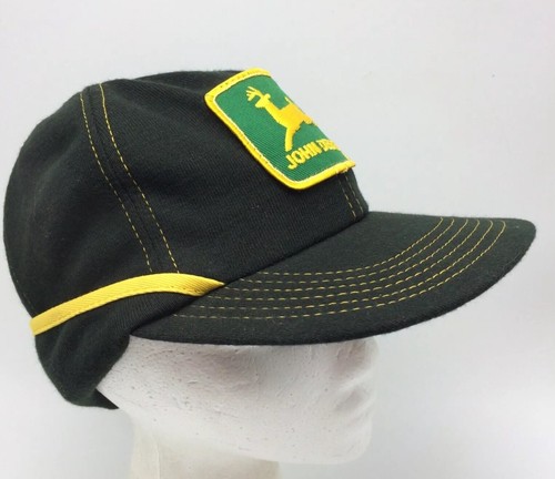 Vintage Black John Deere Patch Knit Ear Flap Ball Cap Winter Hat USA 6 7/8 Small - Picture 6 of 12