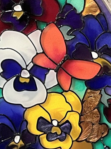 VTG Stained Glass Oval Sun Catcher Pansies Flowers Butterfly Window Art 7"×5” - Picture 3 of 9