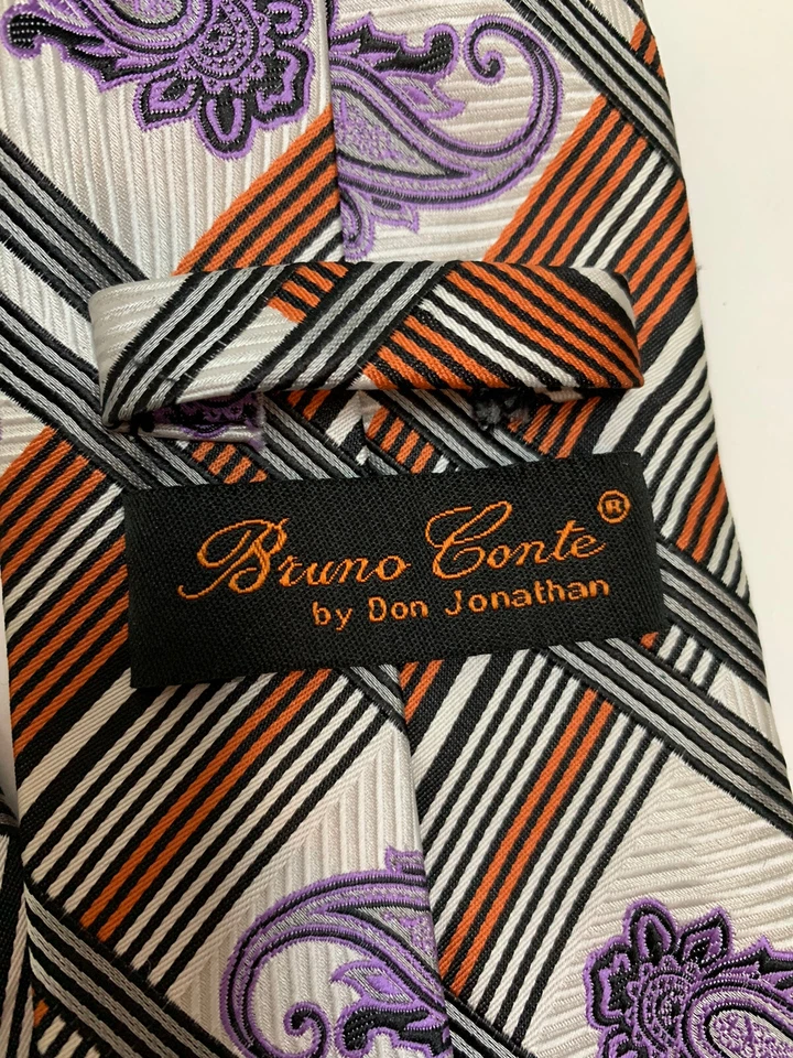 Corbata para hombre Bruno Conte by Don Jonathan a rayas cachemira gris naranja púrpura Foto 4 de 4