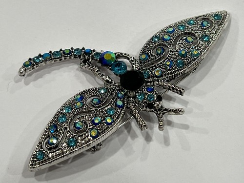 Dragonfly Crystal Rhinestone Brooch Pin Insect Bug Glass Vintage Aqua Blue Green - Picture 9 of 14