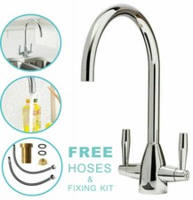 Kitchen Modern Mono Sink Mixer Tap Twin Lever Chrome Brushed Swivel Spout Faucet