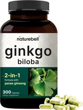 300 Caps Ginkgo Biloba 6000mg w/Red Panax Ginseng for Memory Focus Brain Health
