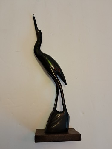 Vintage MCM Carved Horn Heron Crane Egret Bird Figurine 9.5" H Wood Base Brown - Picture 9 of 13