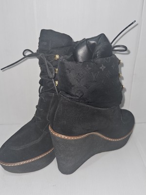 LOUIS VUITTON  Boots Wedge  Booties Shoes Black Suede  Europe Size  38.5