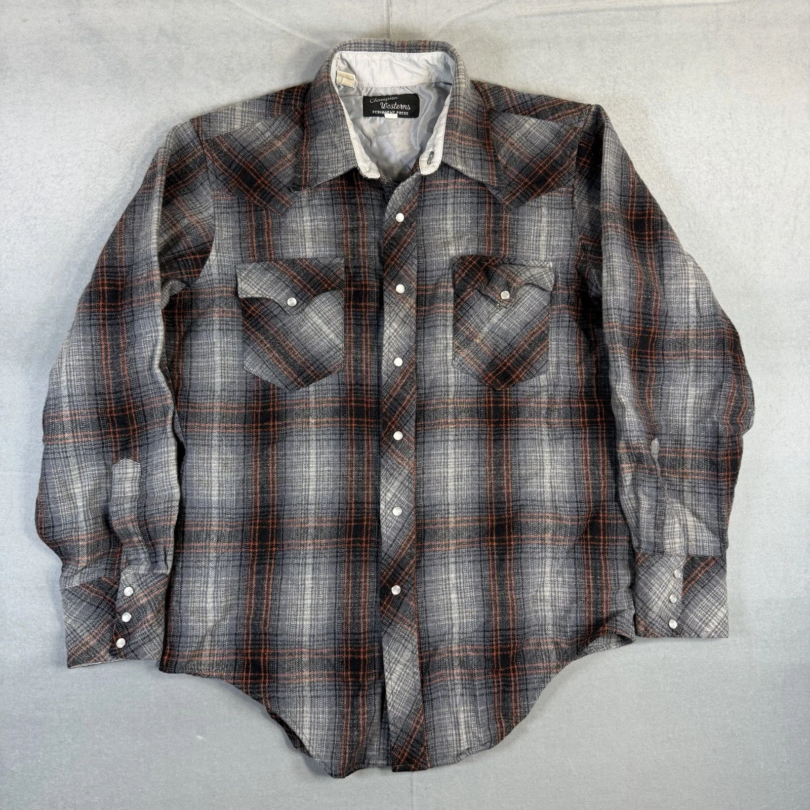 VTG 70s Champion Western Shirt Mens 16-34 Gray Plaid Pearl Snap Wool Cowboy