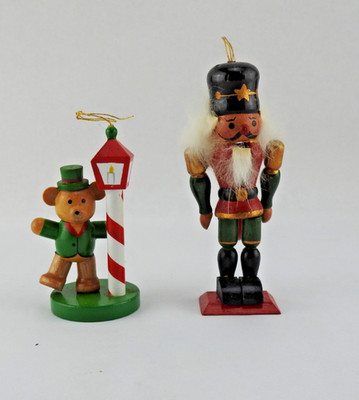 2 Vintage Wooden Christmas Ornament Teddy Bear Light Post Nutcracker 4''