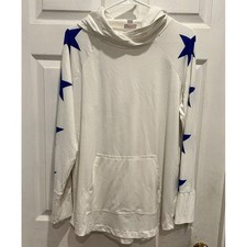 NWT LuLaRoe Amber Hoodie White Blue Stars Cowl Neck Long Sleeve Size L USA