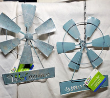 2 GardenCollection Hanging Windmill Welcome Sign 10 Small Metal Silver Green