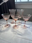 Vintage Pink Depression Glass Stemware Set of 5 Swirl Pattern Coupe & Goblet
