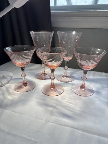 Vintage Pink Depression Glass Stemware Set of 5 Swirl Pattern Coupe & Goblet