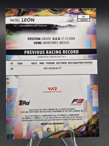 Noel Leon 2024 Topps Finest Formula 1 #61 Van Amersfoort Racing F3 - Picture 2 of 2