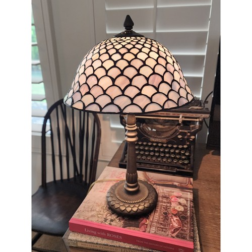 Vintage Tiffany style Table Lamp, Fishscale Stained Glass Shade, Blue and Bronze
