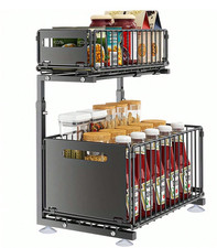 2-Tier Spice Rack Carbon Steel | Wooden Shelf Kitchen Countertop Pantry Organize