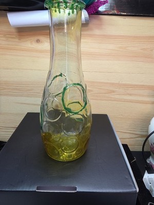 Vintage 1970s DPS Green / Yellow  Circles Glass Vase 8.5 Tall