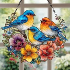 Birds on Branch Stained Glass Window Hanging - ACRYLIC Colorful Floral