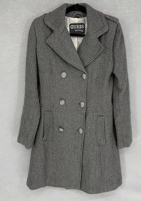 Abrigo Guess Mujer Gris Medio Mezcla Lana Doble Pecho Militar Chaqueta Larga - Imagen 1 de 4