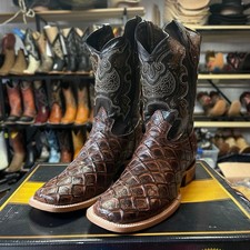 Pirarucu Fish Skin Leather Boots. Square Toe Cowboy Boots. Bota Piel De Pescado.