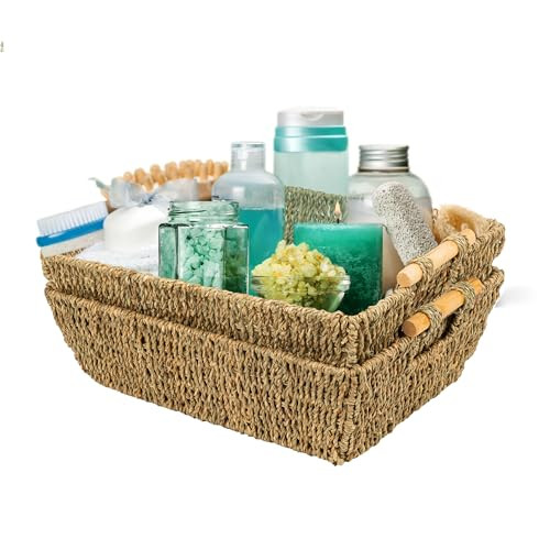 Ella Seagrass Wicker Baskets with Wooden Handles, Wicker Storage Basket, Woven