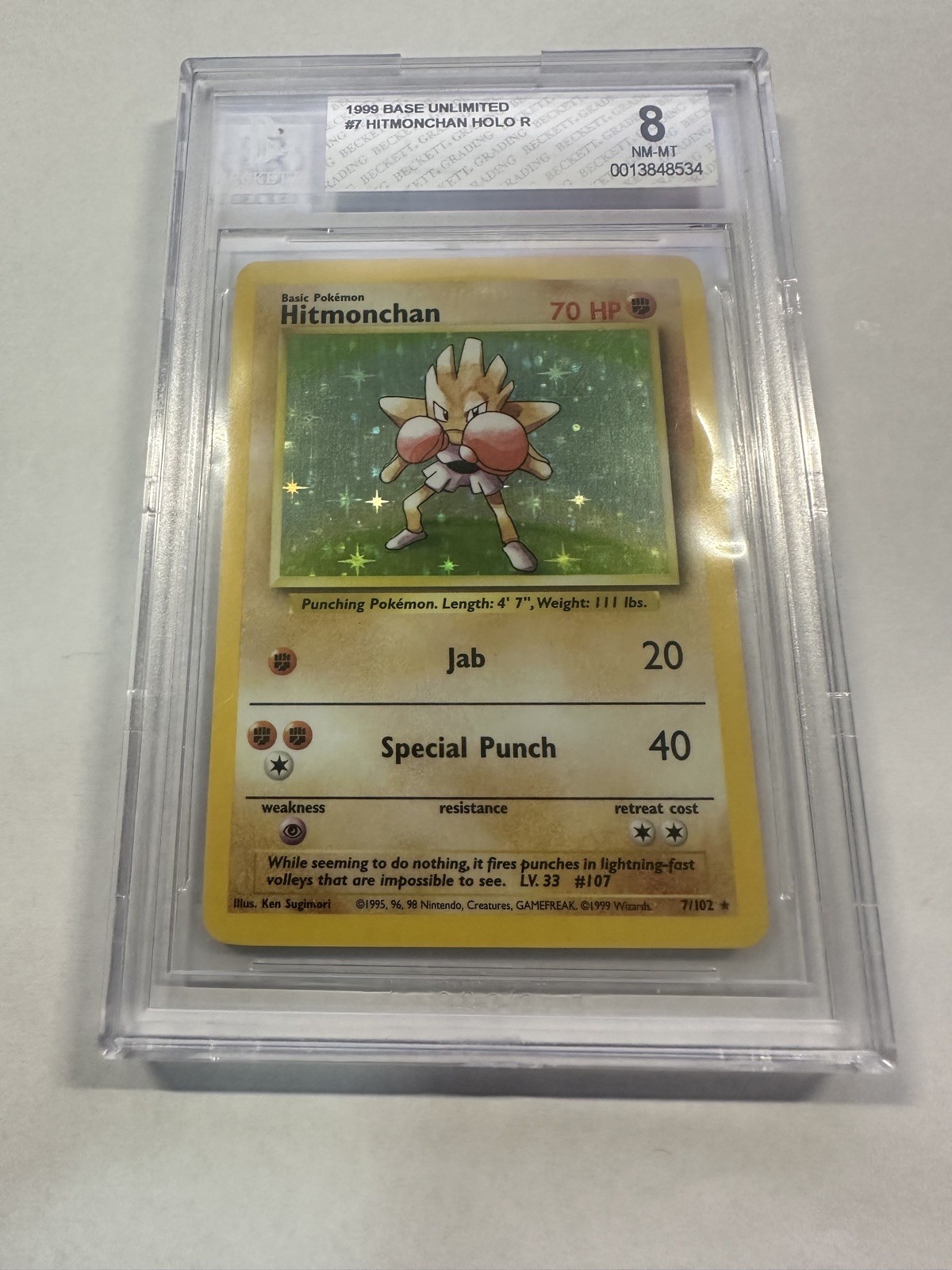 1999 Pokemon Game # 7 Hitmonchan Holo Unlimited 7/102 BGS 8 NM-MT