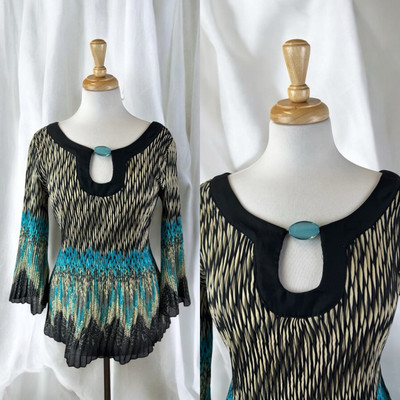 Pleated Sheer Blouse Abstract Boho Artsy Hippie Festival Fairy Summer Y2K Large