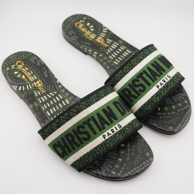 Dior Green Embroidered Canvas Dway Flat Slides Sandals US 6