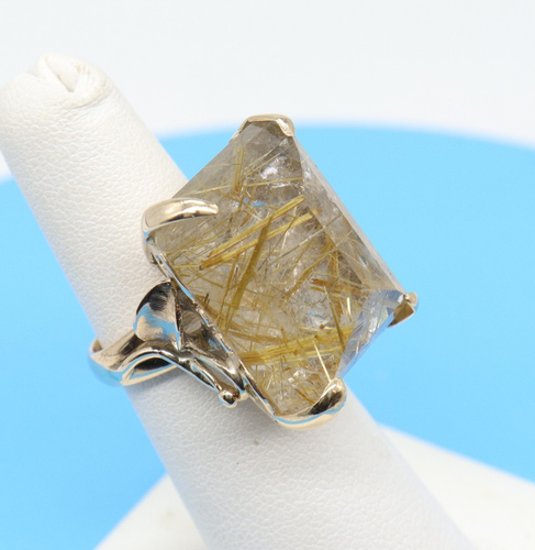 Anillo de cuarzo dorado rutilado de oro amarillo de 14k grande vintage años 80 talla 5,5 - Imagen 19 de 21