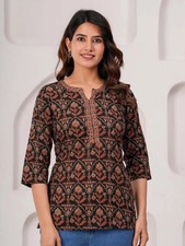 Indian Women Black  Brown Cotton Floral Printed Kurta Kurti Top Tunic New Dress