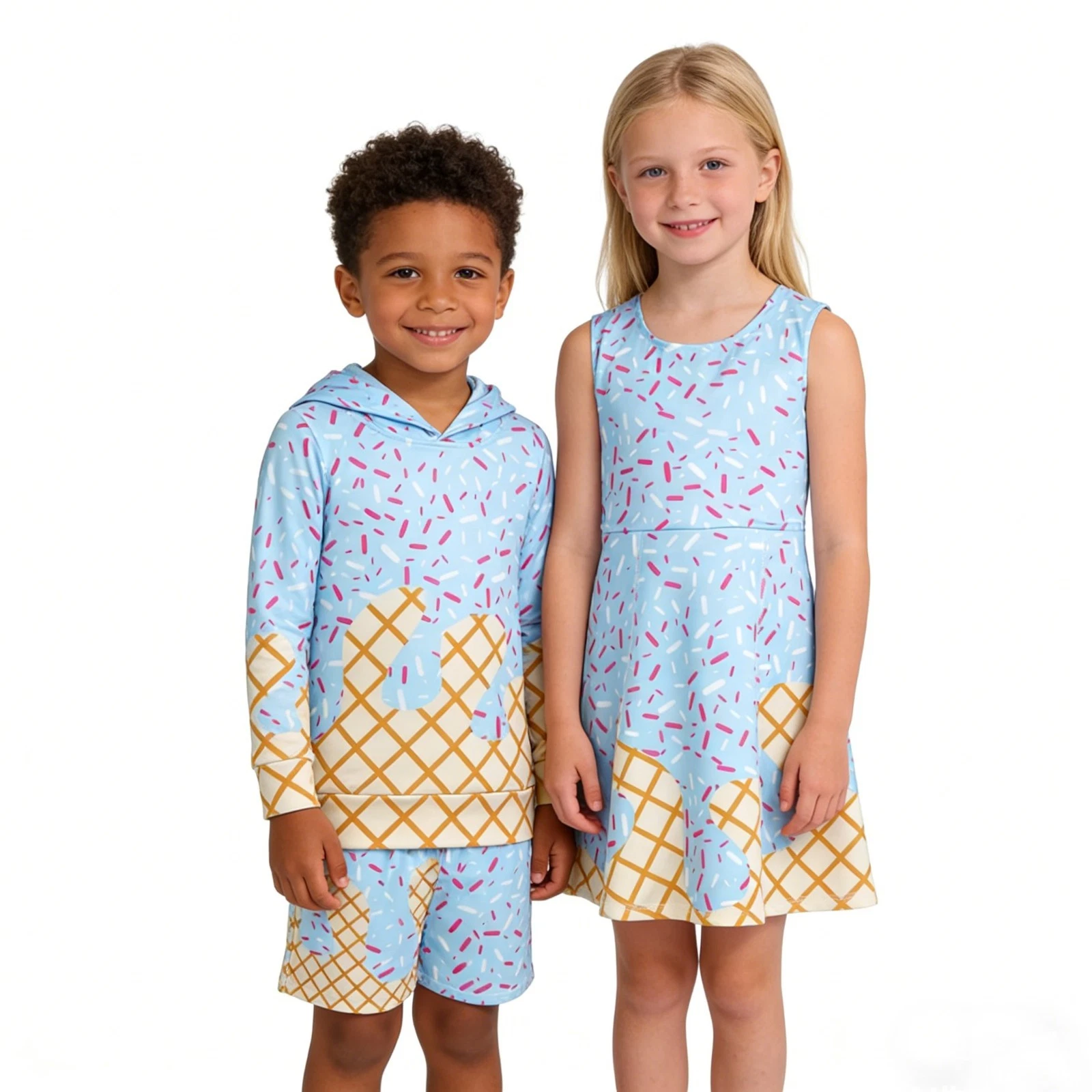 Kids Ice Cream Sprinkle Waffle Outfit Set /Sleeveless Active Dress Sibling Wear