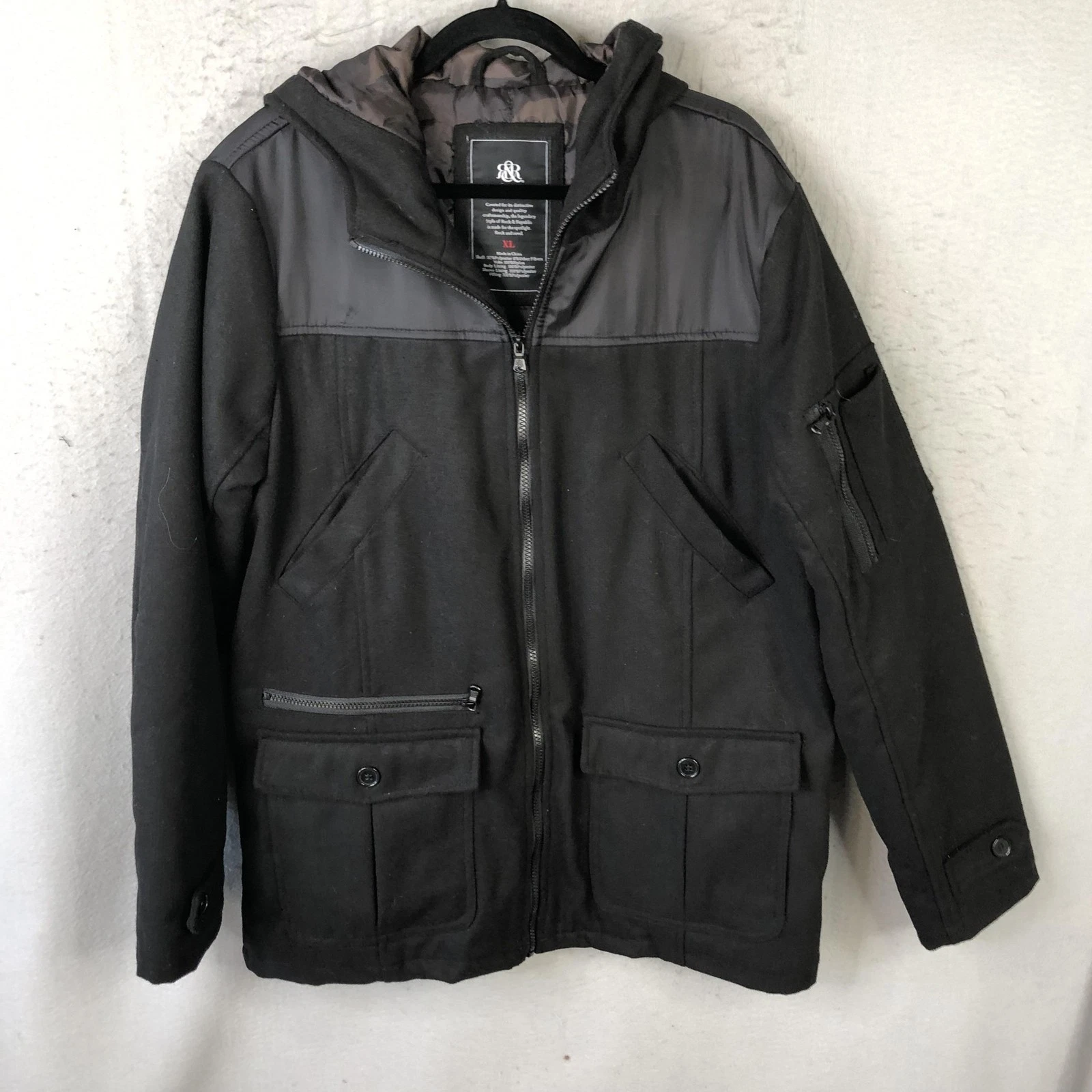 Rock & Republic Jacket Mens XL Black Hooded Full Zip Camo Lined military utility