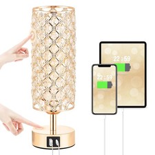 Crystal Table Lamp, Gold Lamp for Bedroom with USB-C USB-A Charging Ports, 3 ...