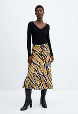 NWT MANGO MNG CARAMEL PRINTED SATIN A-LINE MIDI SKIRT SZ S-M