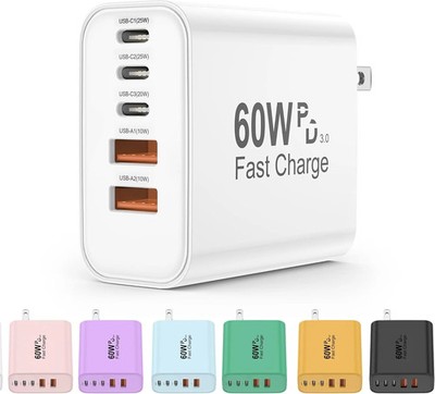 USB C Charger Block, 5 in 1 60W Charging Blocks, PD 3.0 25W Single Max Fast Char