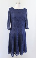 Tahari ASL Levine Blue Geometric Floral Lace 3/4 Sleeve Drop Waist Dress Size 10