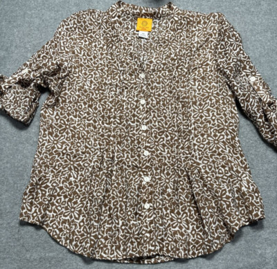 Ruby Rd  Womens Top Brown White Button Down 3/4 Sleeves Roll Tab V Neck